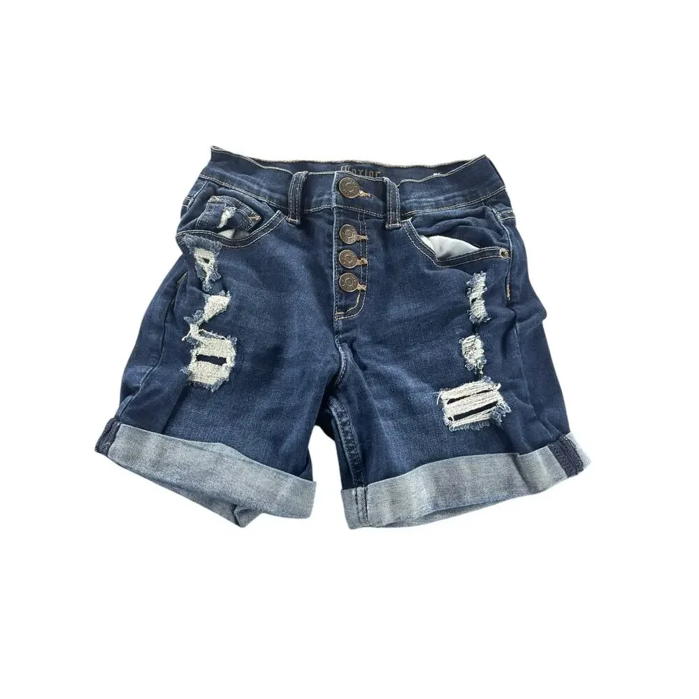 Justice Girls Blue Distressed Ripped Denim Jean Cuffed Shorts Youth Size 12